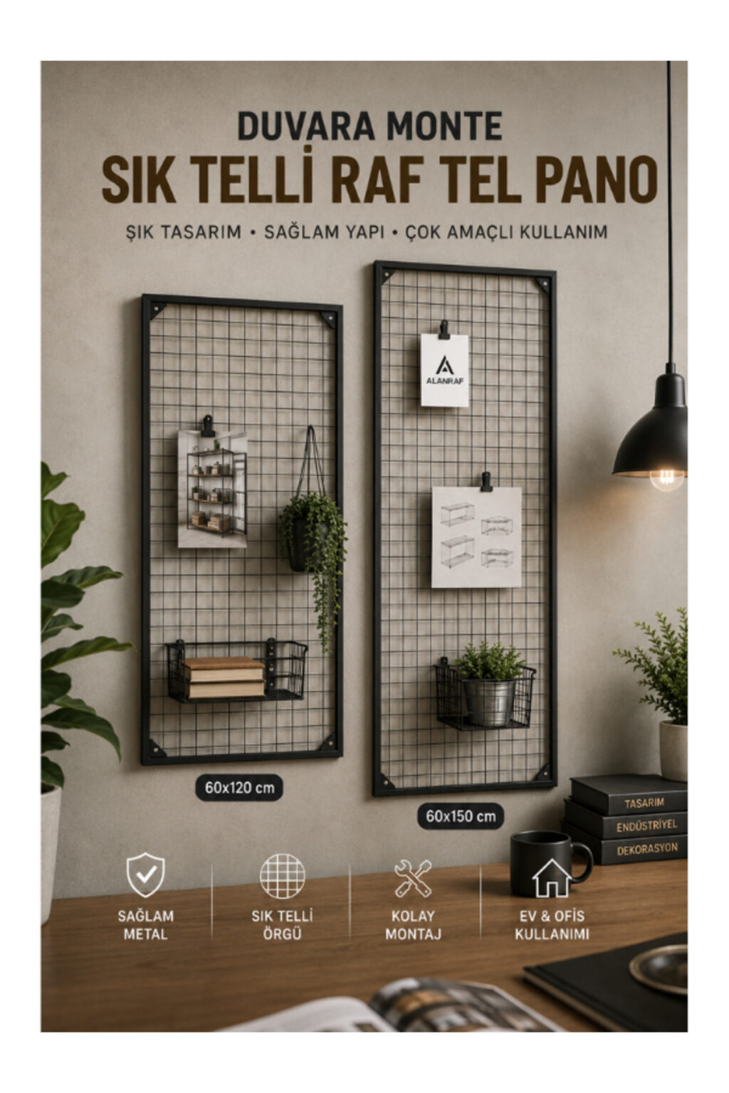 Sık Telli Tel Raf - Siyah Renkli Tel Pano Stand, Duvar Askılığı, Telefon ve Züccaciye Raf 60x150 cm