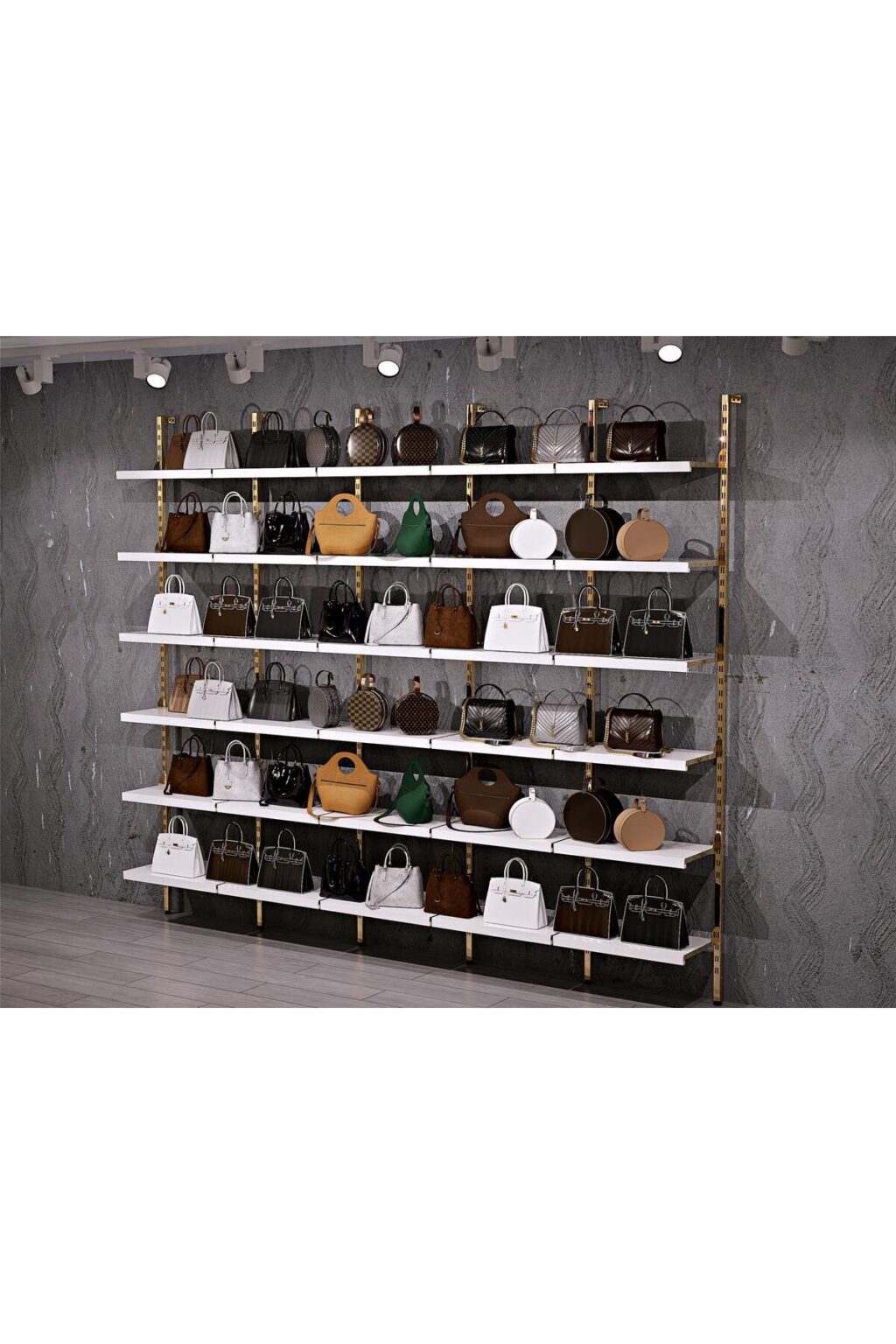 GOLD KAPLAMA Mağaza Raf Sistemi, Askılık Sistemi, Butik Rafı, Mağaza Stand, Giyinme Odası-365*210 - Görsel 2