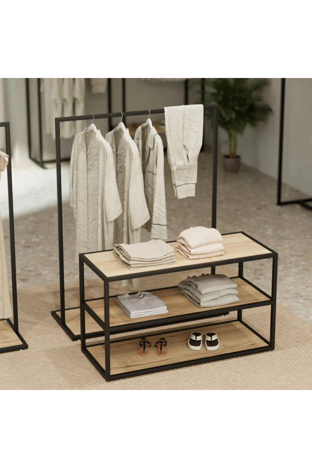 Butik İkili Askılık Mağaza Ayaklı Standı MDF Bazalı Askılık Siyah/Meşe Harikası