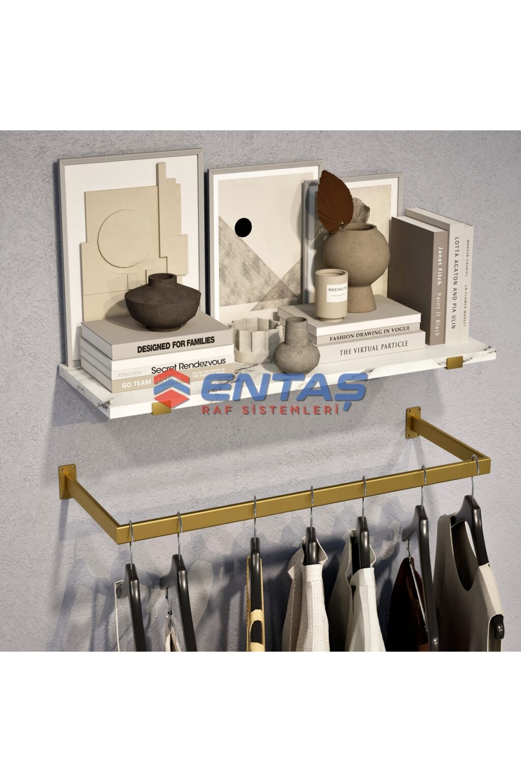Mağaza Askılık Raf Sistemi 95x220 cm Gold - Butik Stand, Giyinme Odası Sistemi - Görsel 3