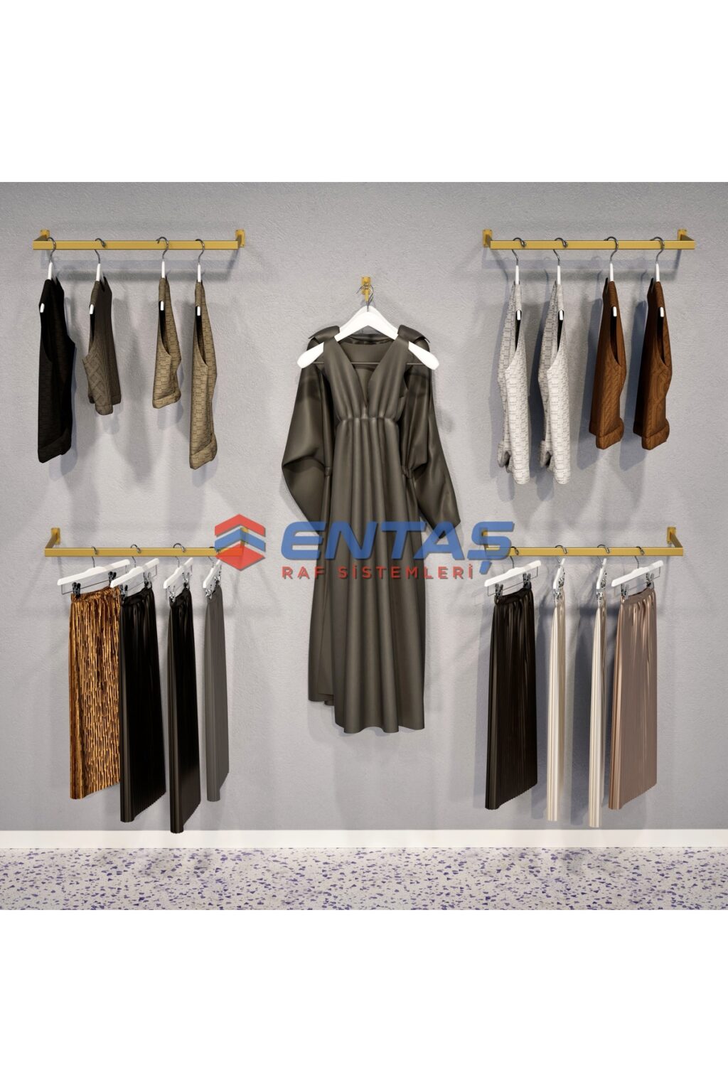 Mağaza Askılık Raf Sistemi 250x220 cm Gold - Butik Stand, Giyinme Odası Sistemi