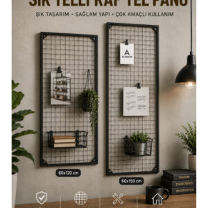 Sık Telli Tel Raf - Siyah Renkli Tel Pano Stand, Duvar Askılığı, Telefon ve Züccaciye Raf 60x150 cm