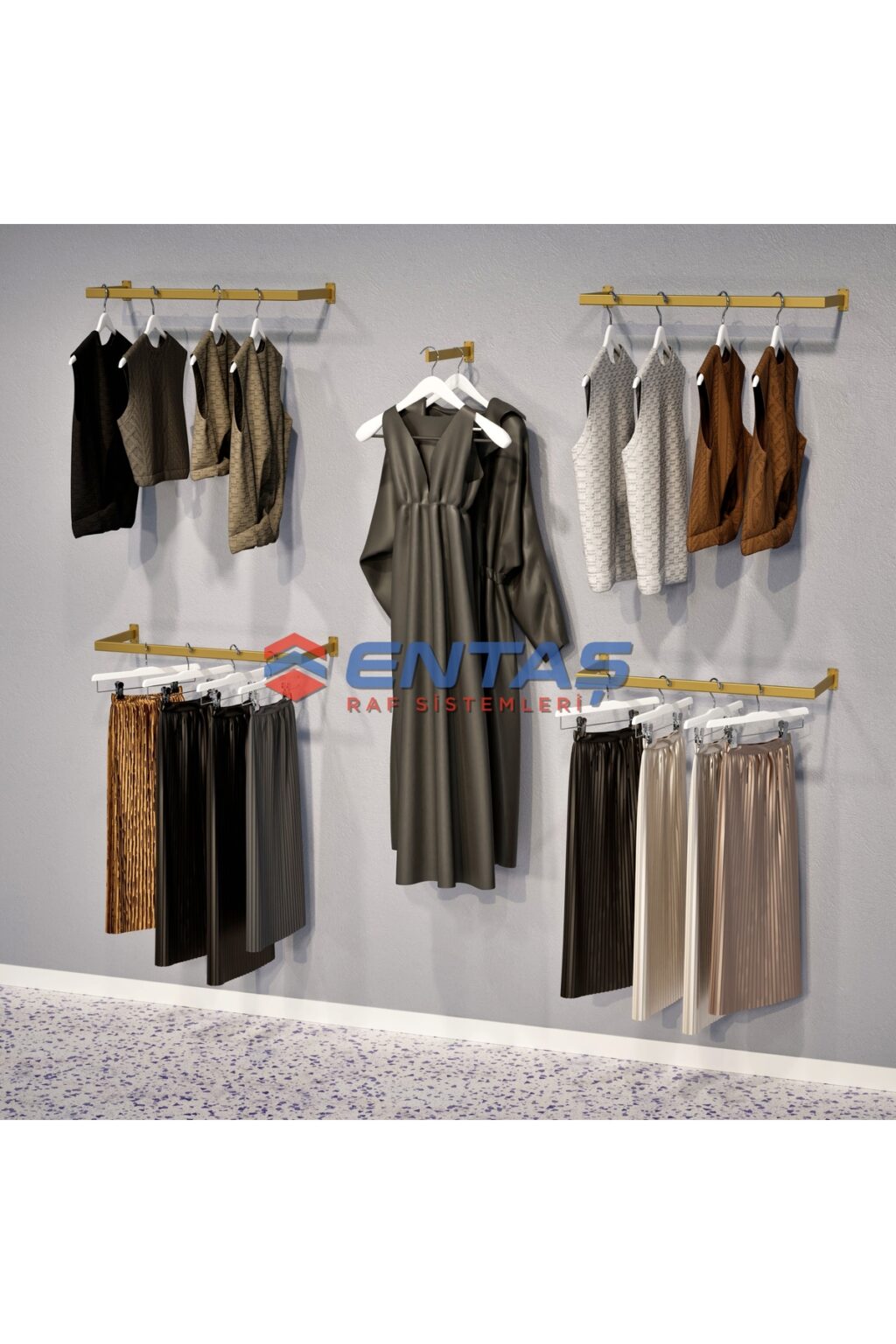 Mağaza Askılık Raf Sistemi 250x220 cm Gold - Butik Stand, Giyinme Odası Sistemi - Görsel 3