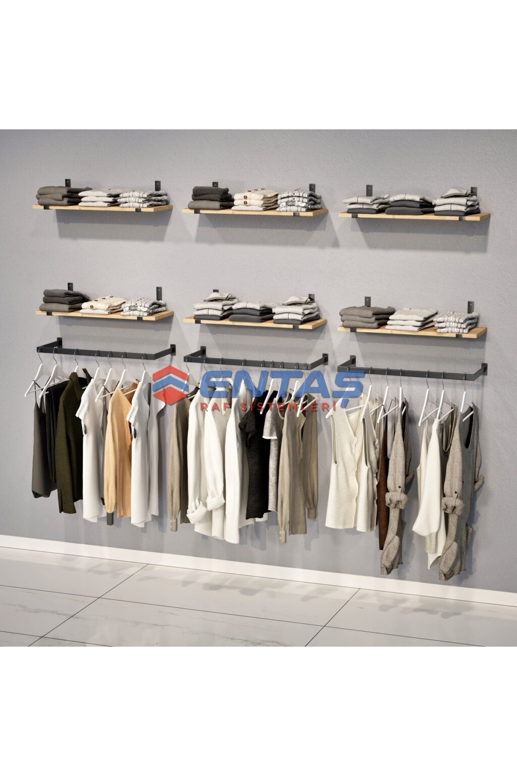 Mağaza Askılık Raf Sistemi 190x220 cm Siyah - Butik Stand, Giyinme Odası Sistemi - Görsel 3