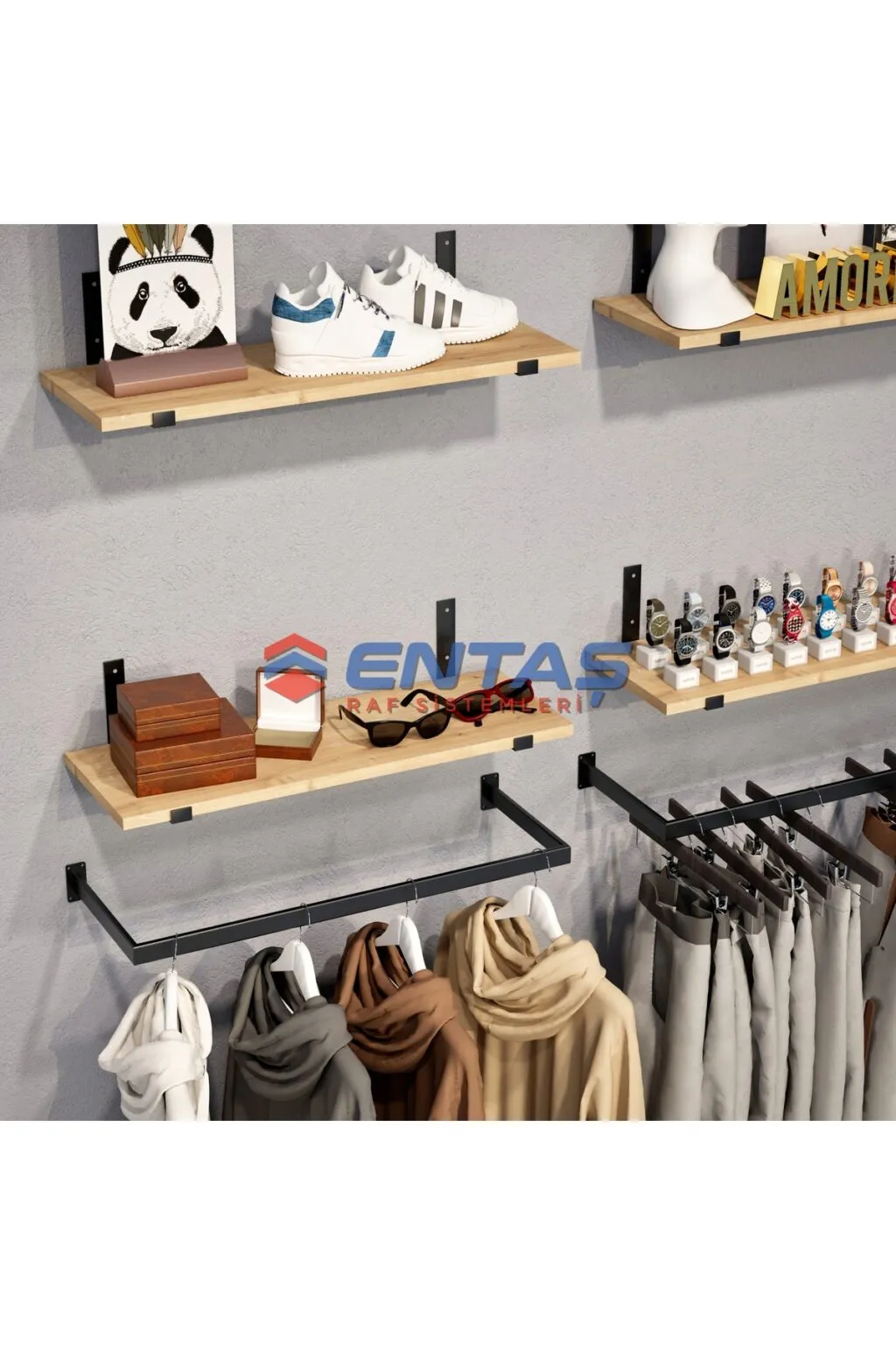130*H:220,Giyinme Odası Rafı,Askılık Sistemi, Mağaza Raf Sistemi,Butik Raf Sistemi - Görsel 3