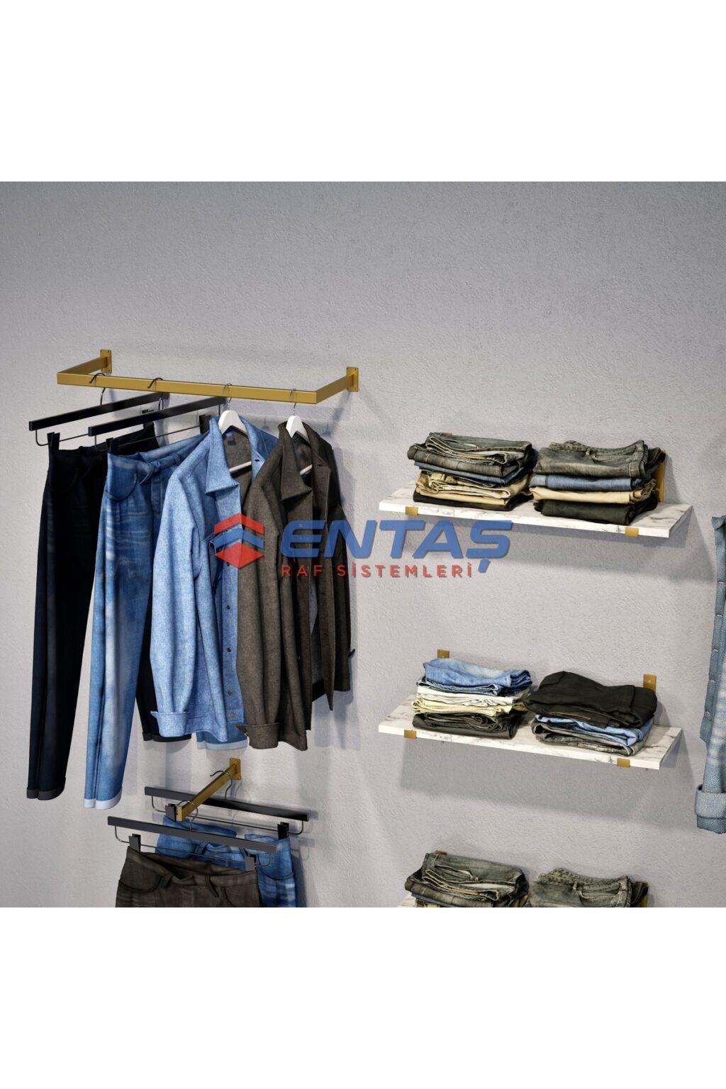 Mağaza Askılık Raf Sistemi 250x220 cm Gold - Butik Stand, Giyinme Odası Sistemi - Görsel 3
