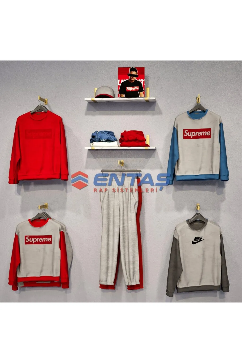 190*H:220,Giyinme Odası Rafı,Askılık Sistemi, Mağaza Raf Sistemi,Butik Raf Sistemi