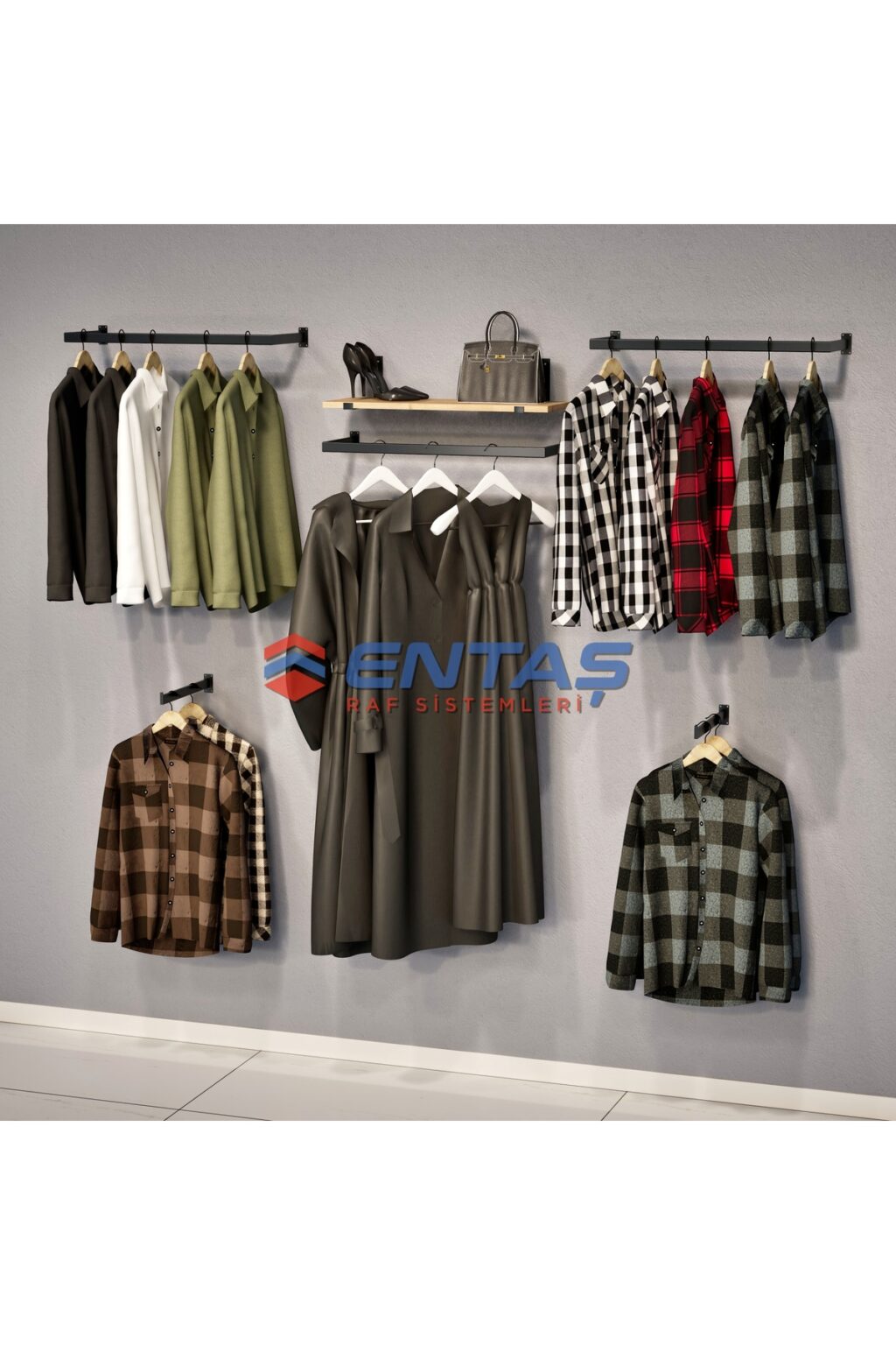 Mağaza Askılık Raf Sistemi 280x220 cm Siyah - Butik Stand, Giyinme Odası Sistemi