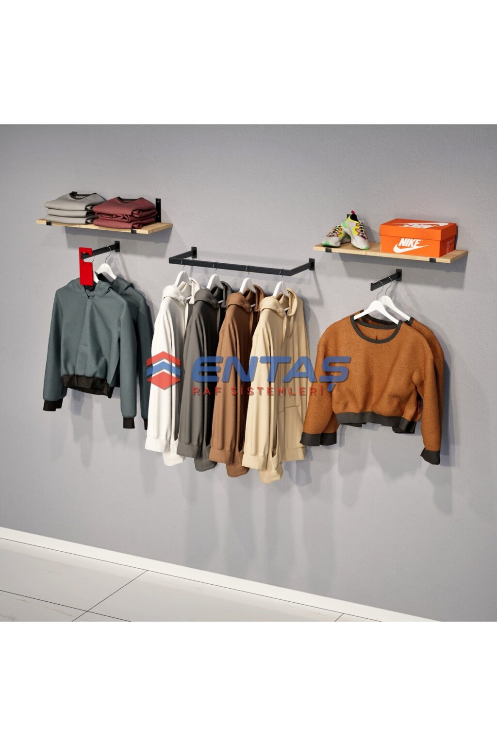 Mağaza Askılık Raf Sistemi 250x220 cm Siyah - Butik Stand, Giyinme Odası Sistemi