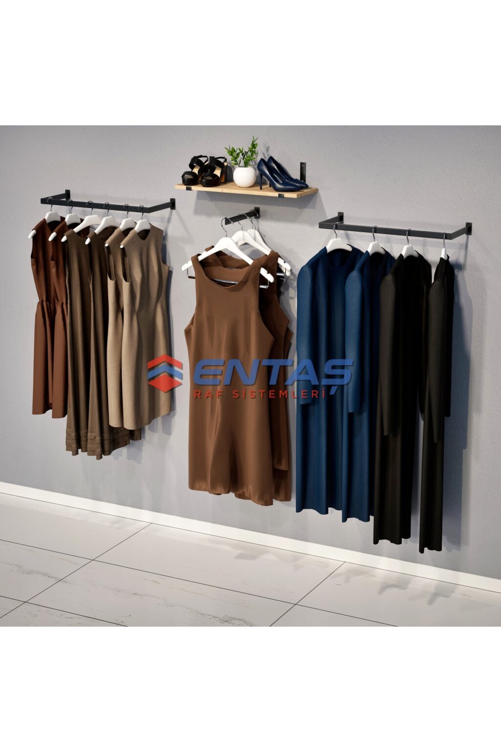 Mağaza Askılık Raf Sistemi 250x220 cm Siyah - Butik Stand, Giyinme Odası Sistemi - Görsel 2