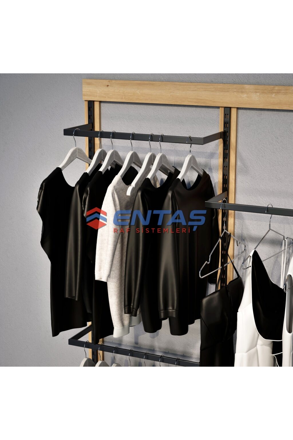 Mağaza Askılık Raf Sistemi 370x220 cm Siyah - Butik Stand, Giyinme Odası Sistemi - Görsel 2