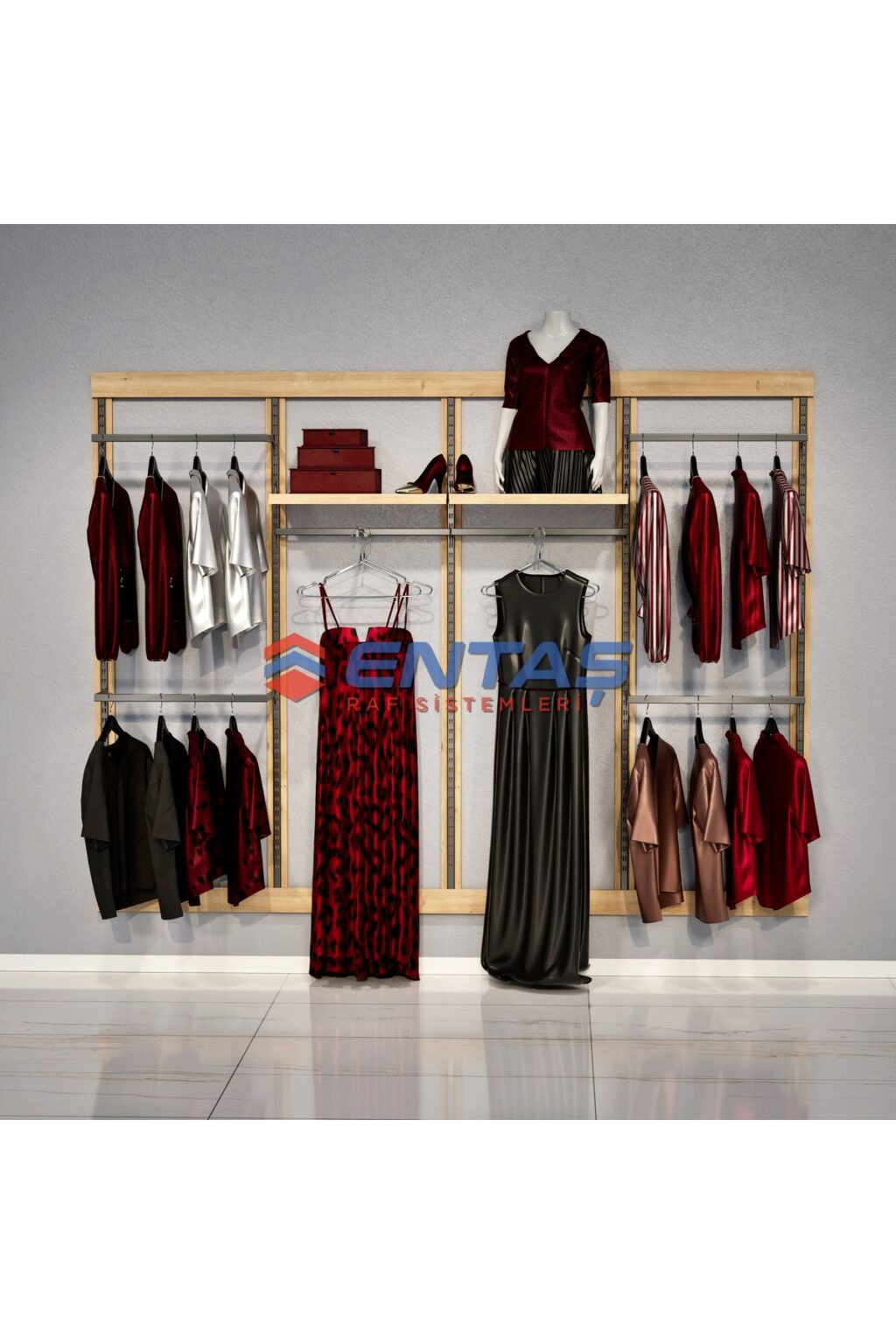 Mağaza Askılık Raf Sistemi 250x220 cm Siyah - Butik Stand, Giyinme Odası Sistemi