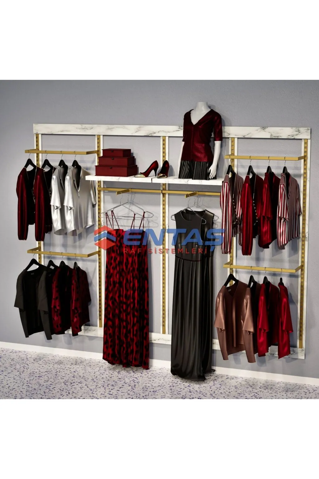 250*H220 Giyinme Odası Rafı,Lüx Askılık Sistemi, Mağaza Raf Sistemi,Butik Raf Sistemi - Görsel 3
