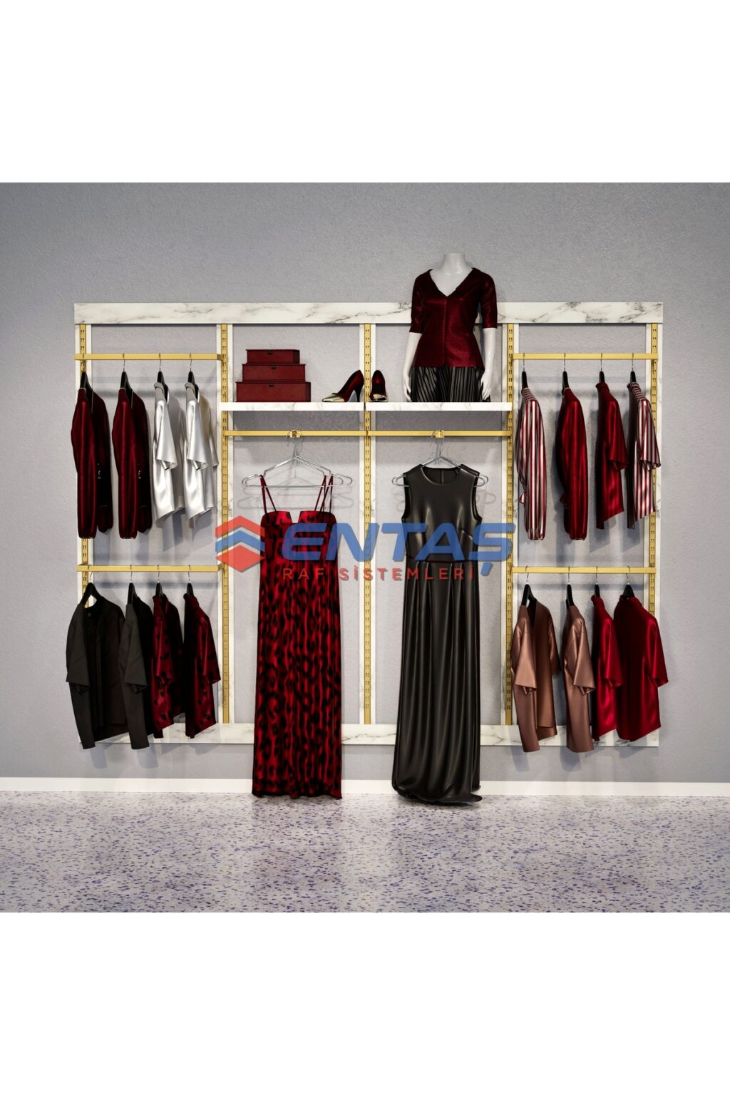 Mağaza Askılık Raf Sistemi 310x220 cm Gold - Butik Stand, Giyinme Odası Sistemi