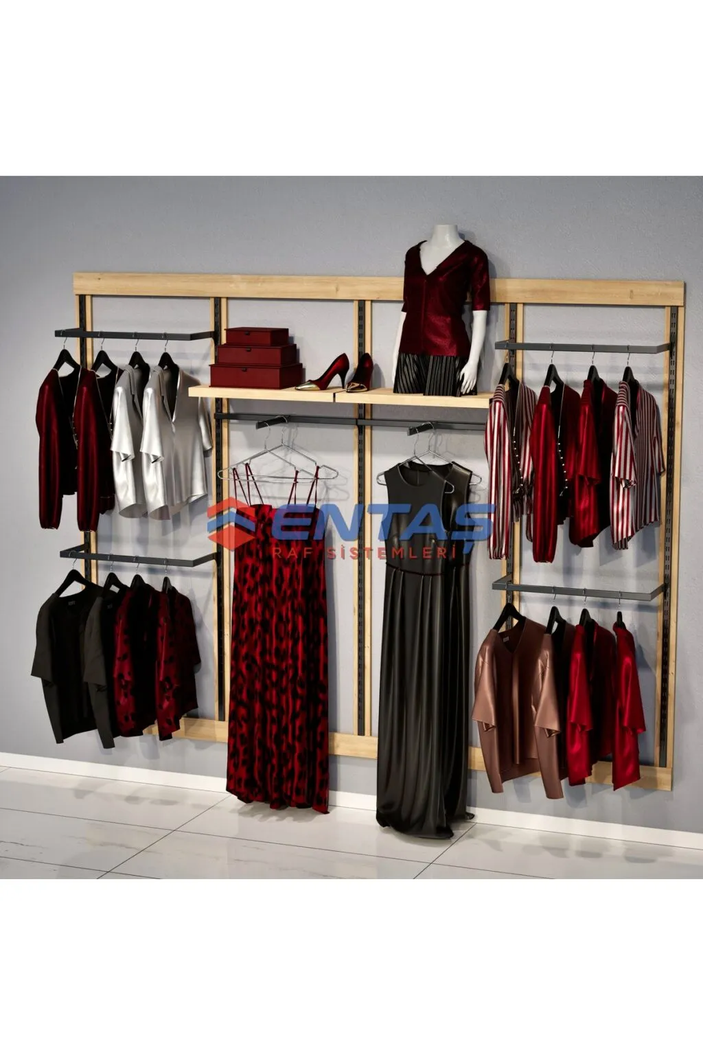 310*H220 Giyinme Odası Rafı,Lüx Askılık Sistemi, Mağaza Raf Sistemi,Butik Raf Sistemi - Görsel 3