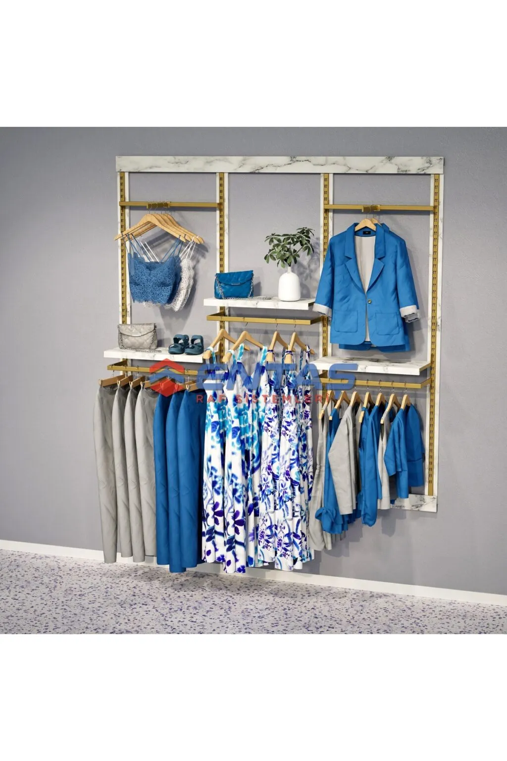 190*h220 Giyinme Odası Rafı,lüx Askılık Sistemi, Mağaza Raf Sistemi,butik Raf Sistemi - Görsel 2