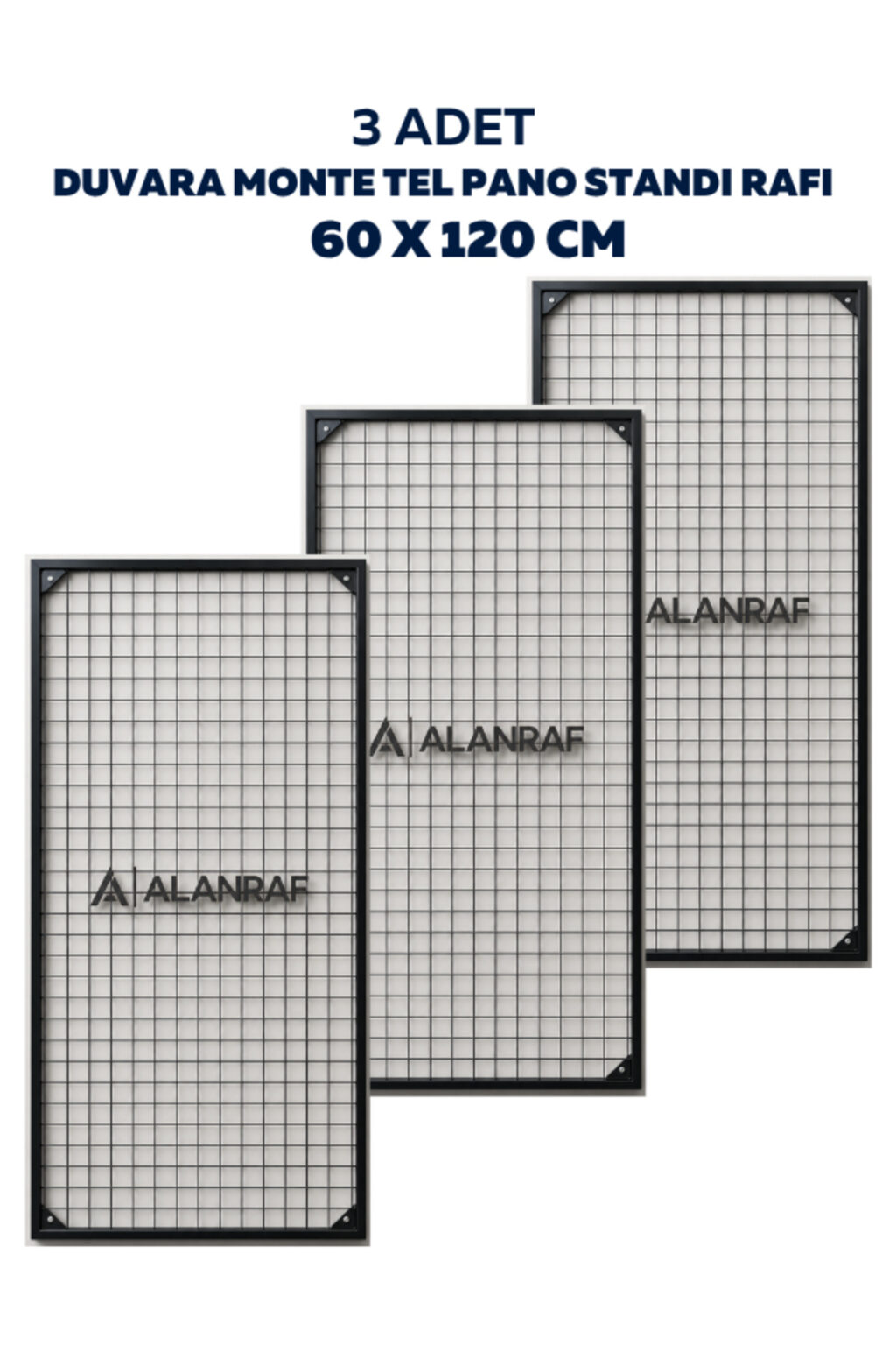 Sık Telli Tel Raf - Siyah Renkli Tel Pano Stand, Duvar Askılığı, Telefon ve Züccaciye Raf 60x120 cm 3 ADET