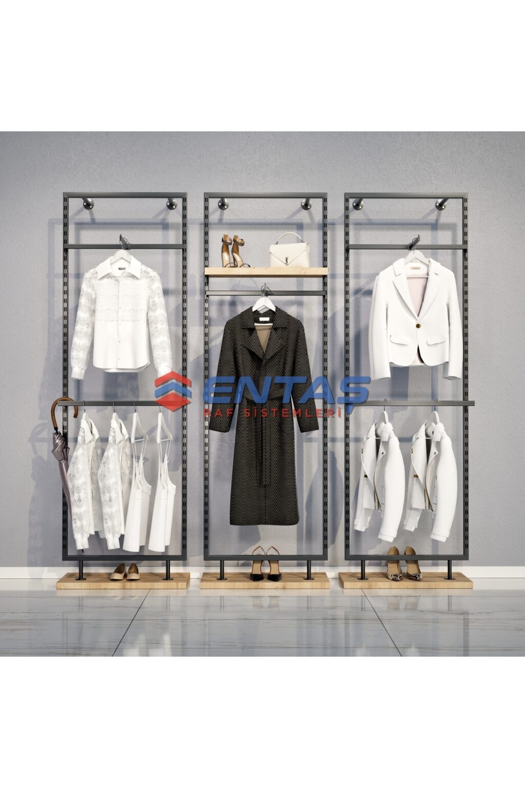 Mağaza Askılık Raf Sistemi 260x220 cm Siyah - Butik Stand, Giyinme Odası Sistemi