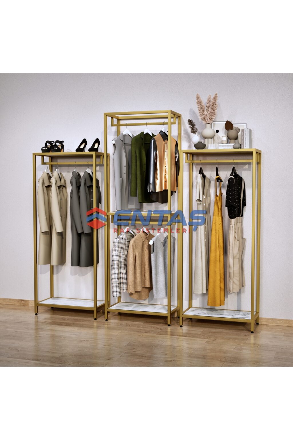 Mağaza Askılık Raf Sistemi 360x220 cm Gold - Butik Stand, Giyinme Odası Sistemi - Görsel 3
