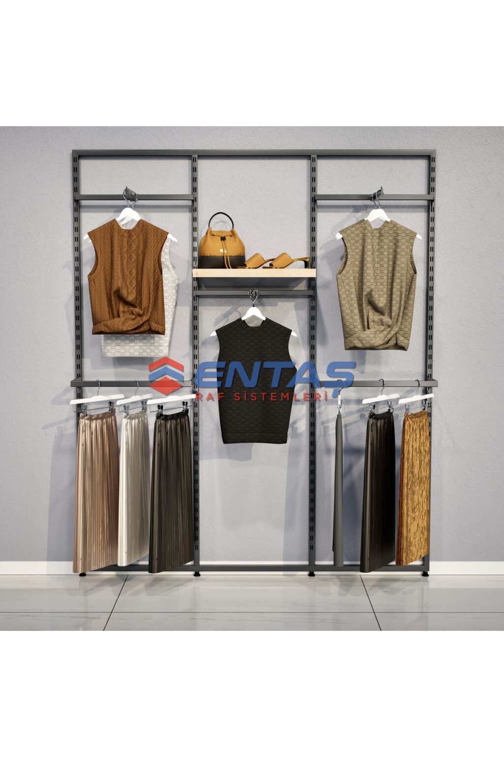 Mağaza Askılık Raf Sistemi 280x220 cm Siyah - Butik Stand, Giyinme Odası Sistemi