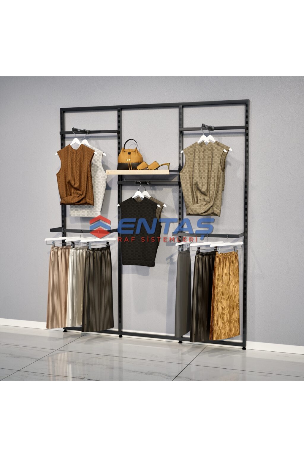 Mağaza Askılık Raf Sistemi 280x220 cm Siyah - Butik Stand, Giyinme Odası Sistemi - Görsel 2