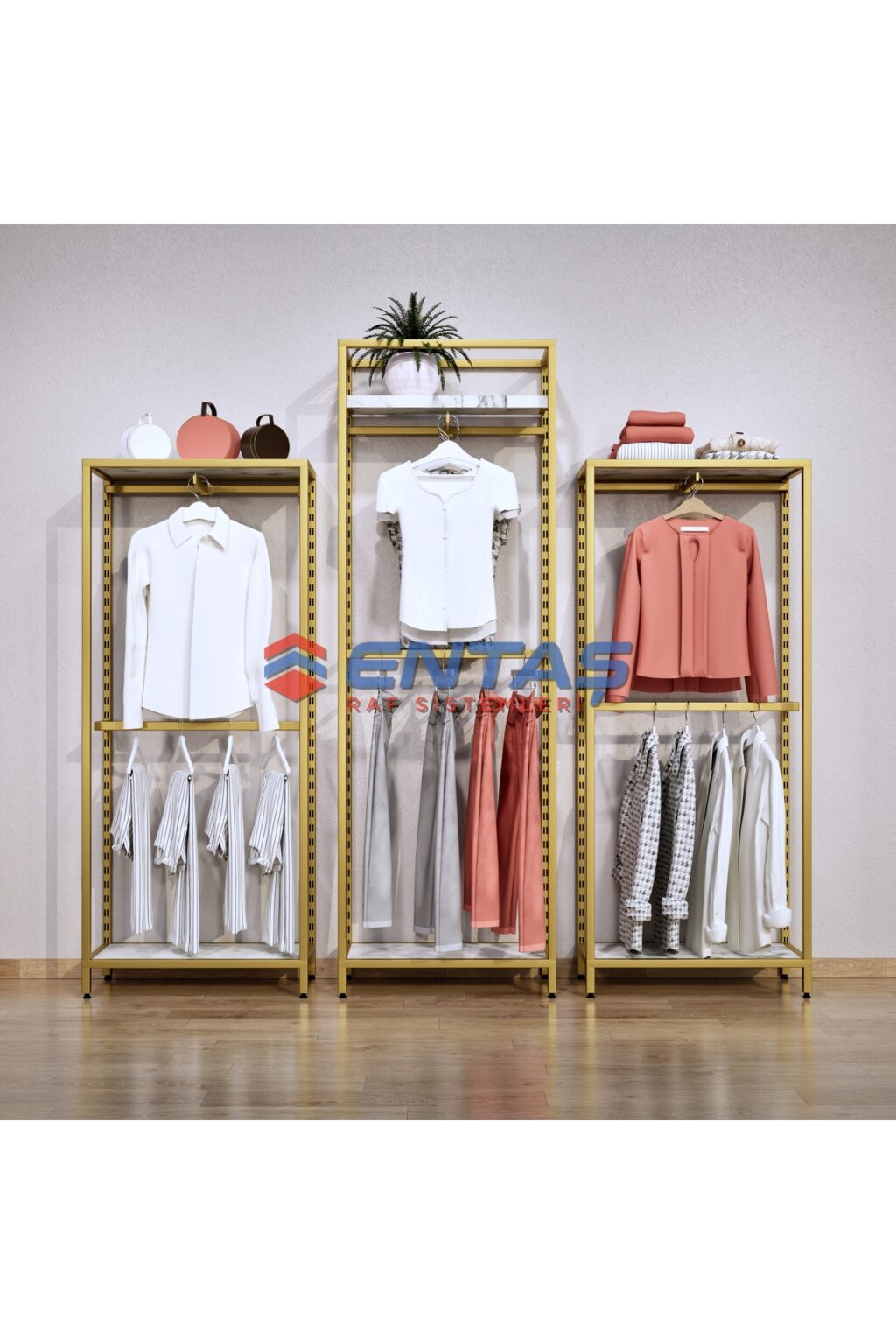 Mağaza Askılık Raf Sistemi 300x220 cm Gold - Butik Stand, Giyinme Odası Sistemi