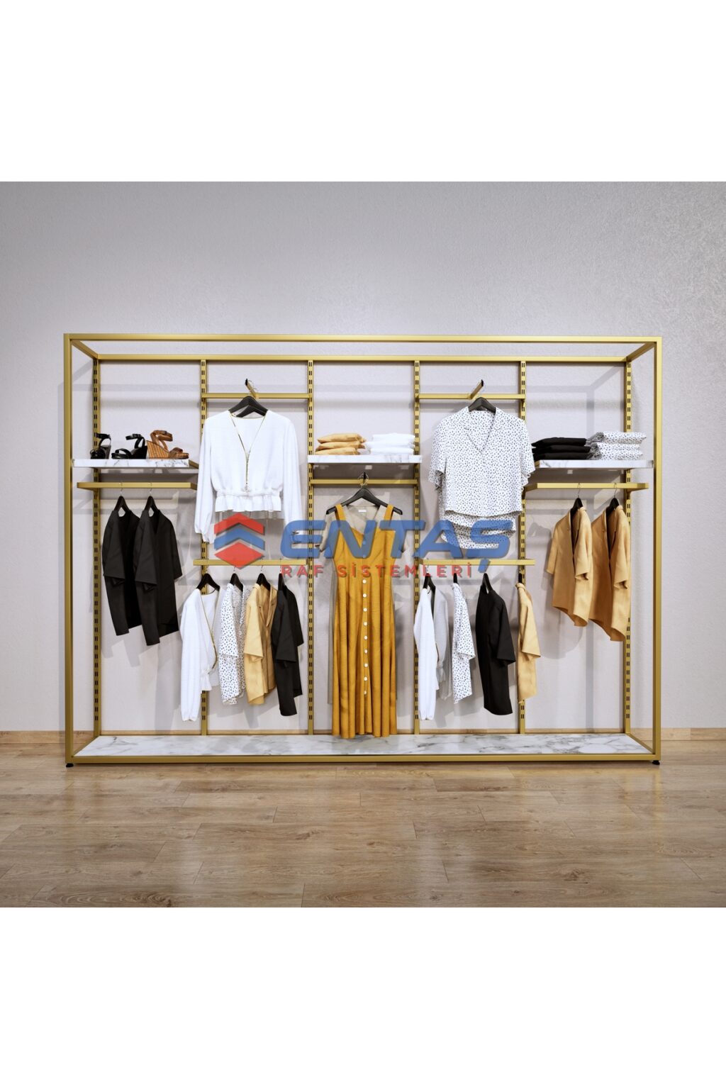 Mağaza Askılık Raf Sistemi 310x220 cm Gold - Butik Stand, Giyinme Odası Sistemi