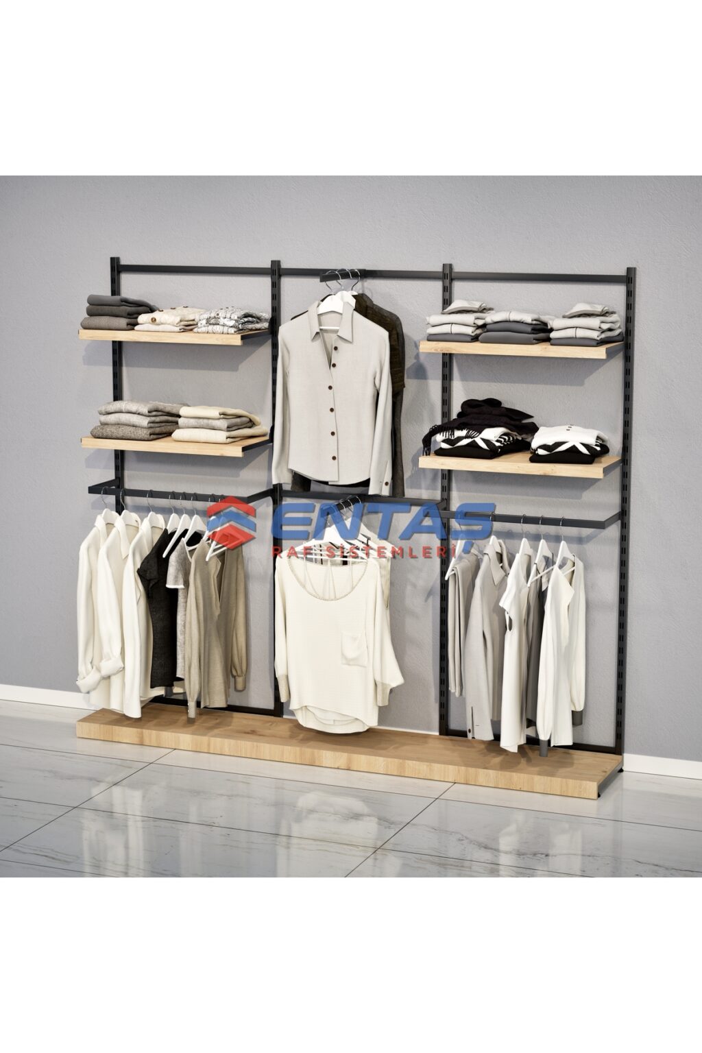 Mağaza Askılık Raf Sistemi 190x220 cm Siyah - Butik Stand, Giyinme Odası Sistemi