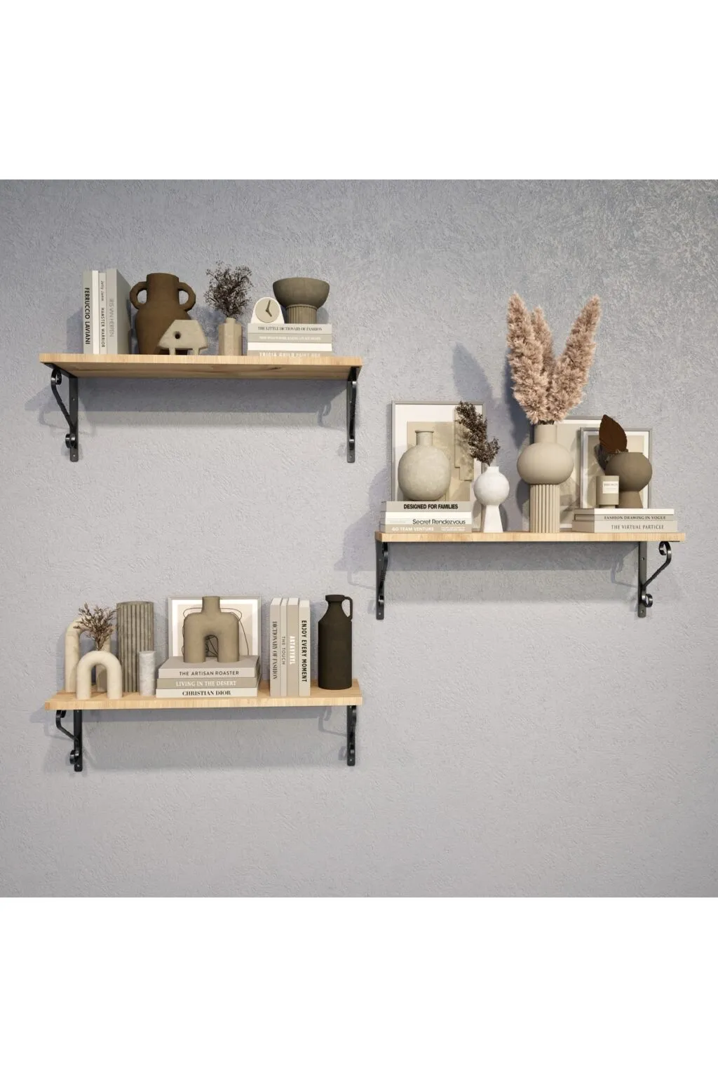 Dekoratif Duvar Rafı,ferforje Destekli Duvar Rafı, 3 Lü Set 20*60