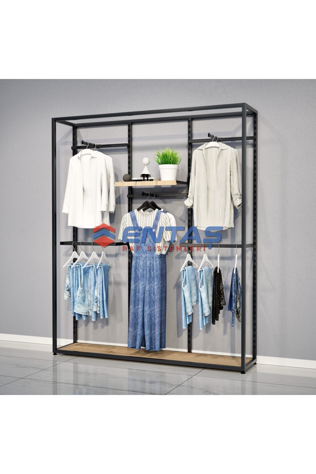 Mağaza Askılık Raf Sistemi 190x220 cm Siyah - Butik Stand, Giyinme Odası Sistemi - Görsel 2