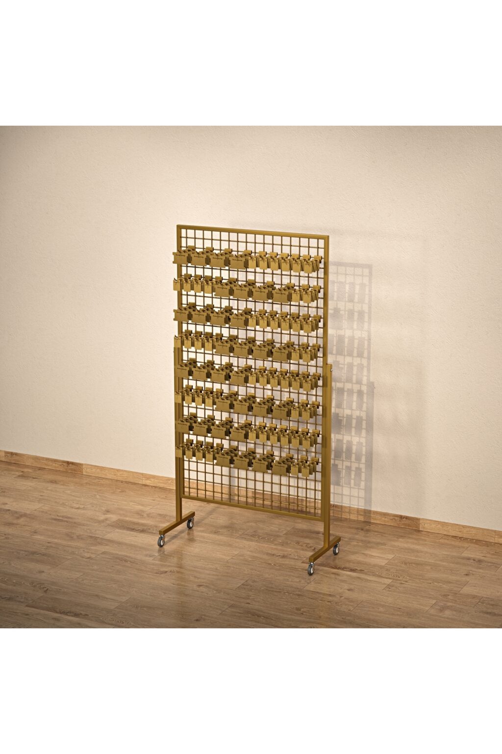 Tekerlekli Profil Ayaklı Sık Telli Tel Raf 90x150 cm Gold - Tel Pano Stand, Duvar Askılığı - Görsel 2