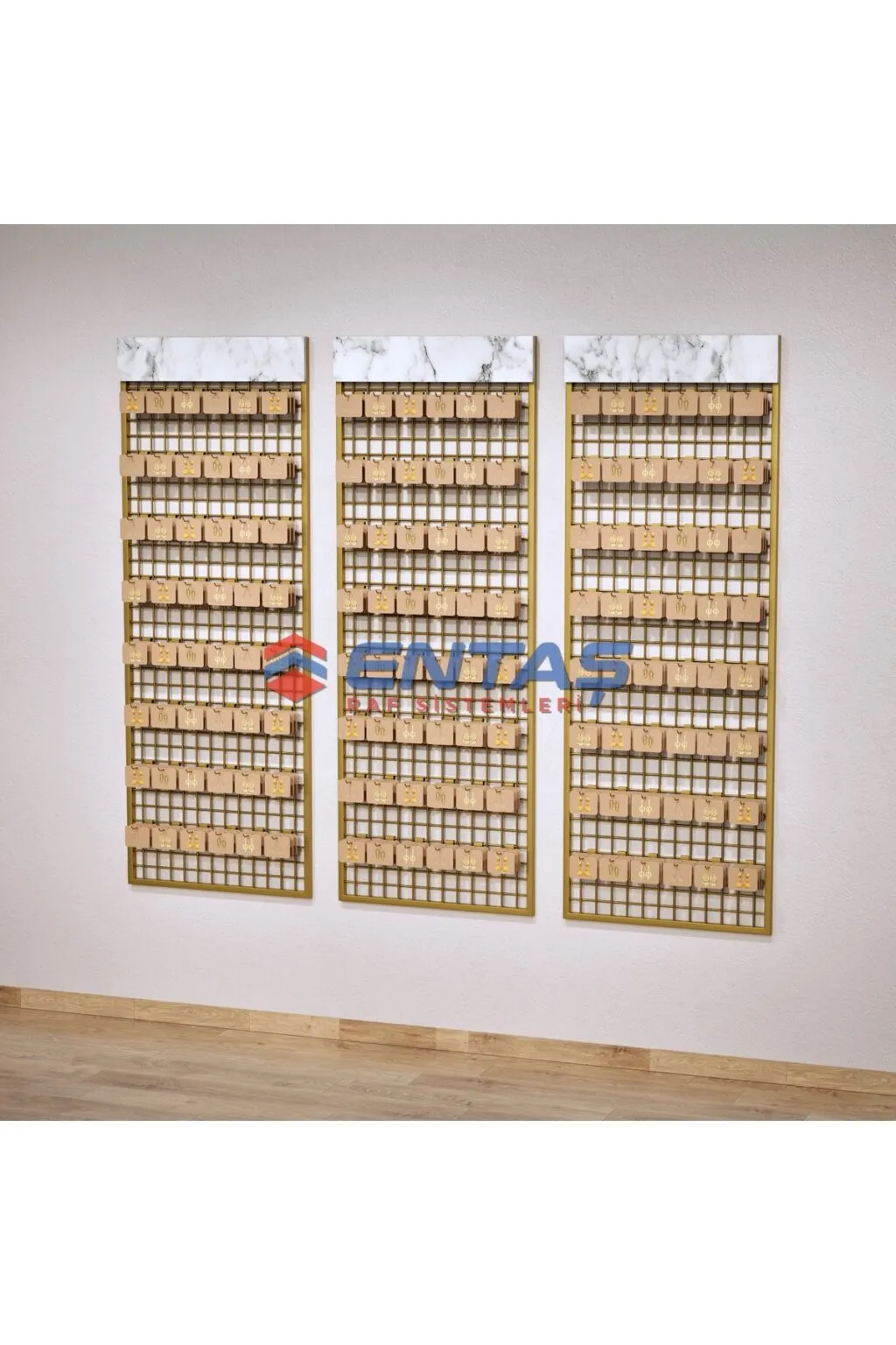 200xh200 Ahşap Şapkalı Tel Pano, Sık Telli Aksesuar Ayakkabı Terlik Çanta Eşarp Panosu Gold