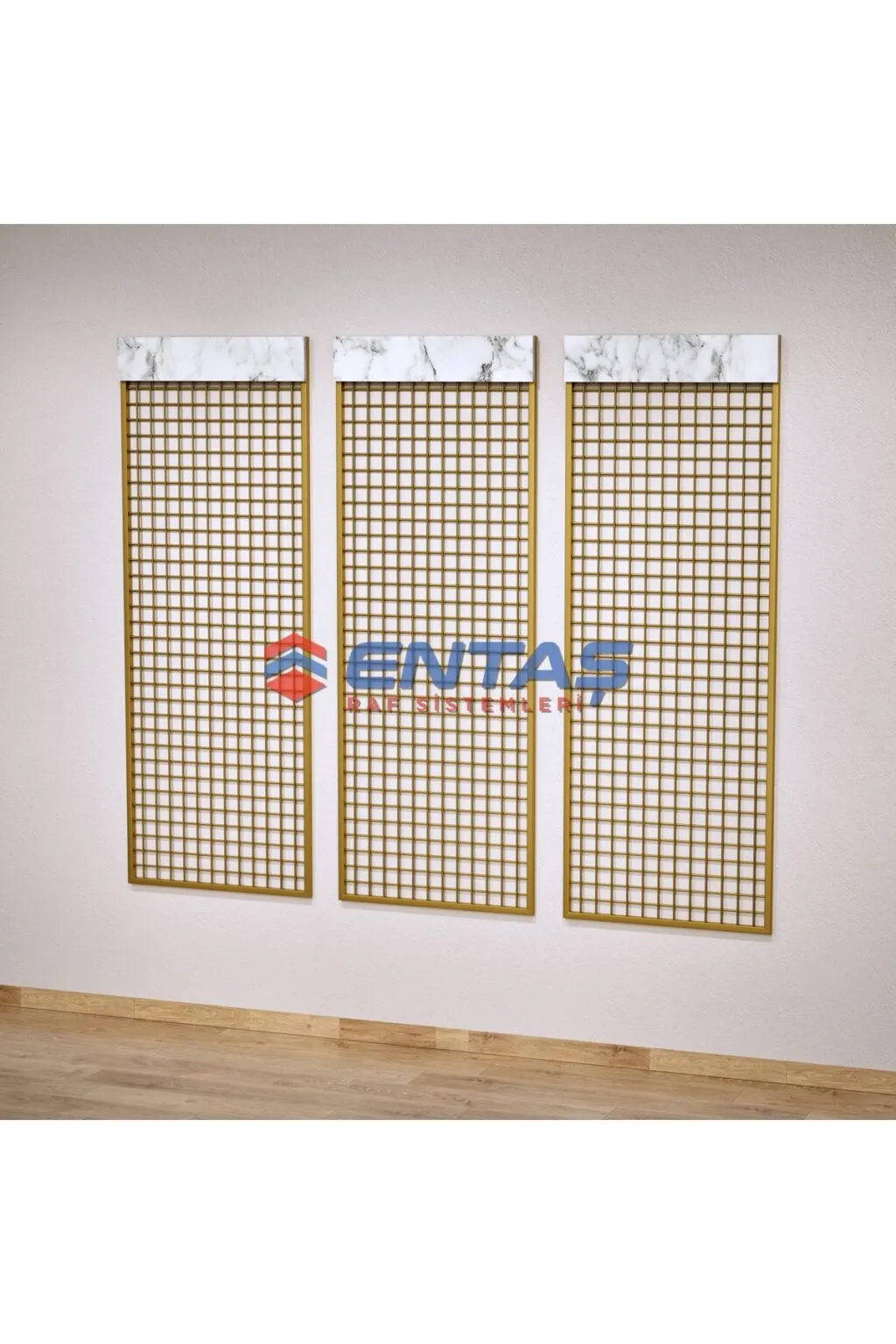200xh200 Ahşap Şapkalı Tel Pano, Sık Telli Aksesuar Ayakkabı Terlik Çanta Eşarp Panosu Gold - Görsel 3