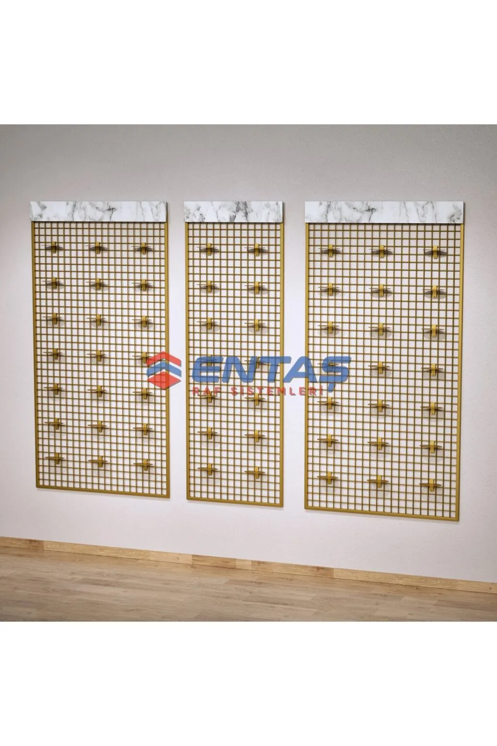 260*200 Gold,ahşap Şapkalı Tel Pano, Sık Telli Aksesuar Ayakkabı Terlik Çanta Eşarp Panosu - Görsel 3