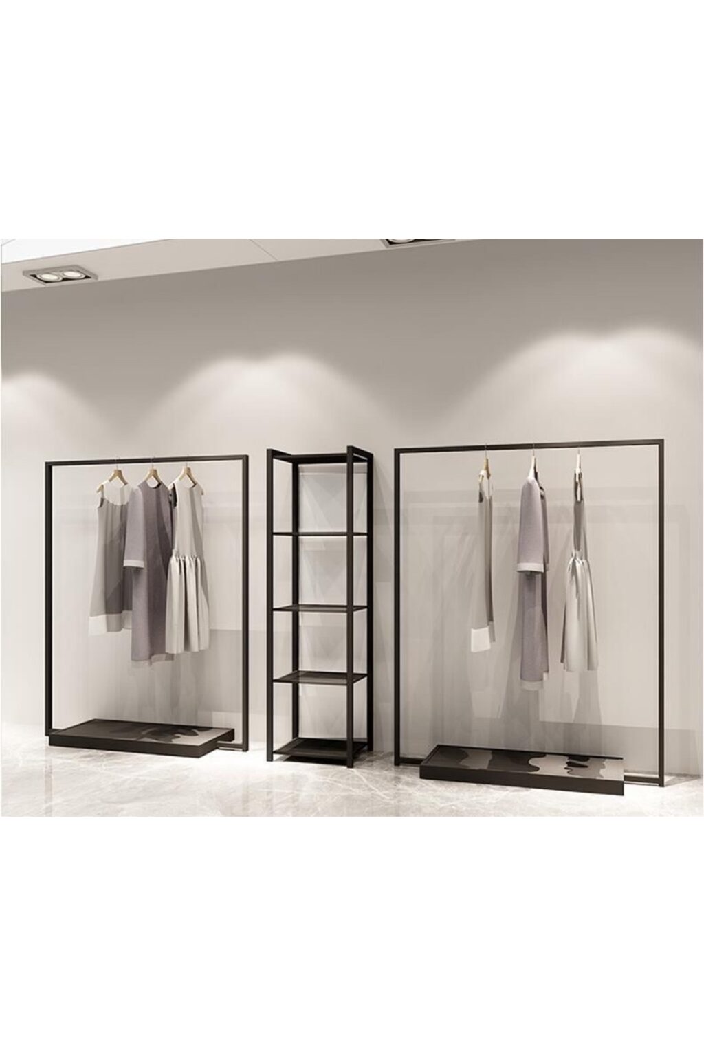 3'lü Mağaza Askılık Raf Sistemi Siyah - Butik Stand, Giyinme Odası Sistemi, Komple Set