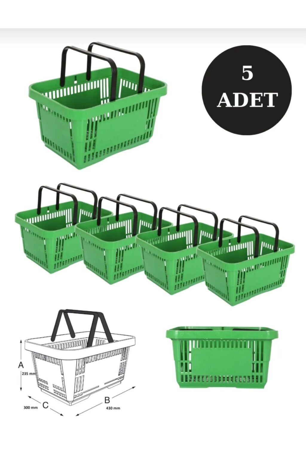 5 Adet 22 Lt Plastik Alışveriş Sepeti Yeşil - Market El Sepeti